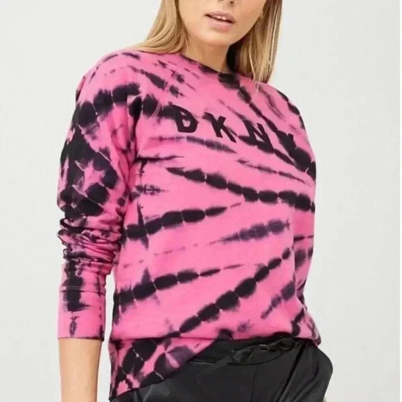 DKNY Sport Womens Logo Tie-Dye Crew Sweatshirt Pink Black S - Picture 1 of 7